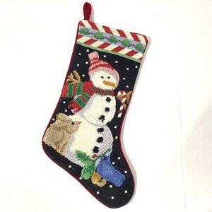 Needlepoint Hooked Christmas Stocking Snowman Bird Rabbit Candy Cane 18” Velvet